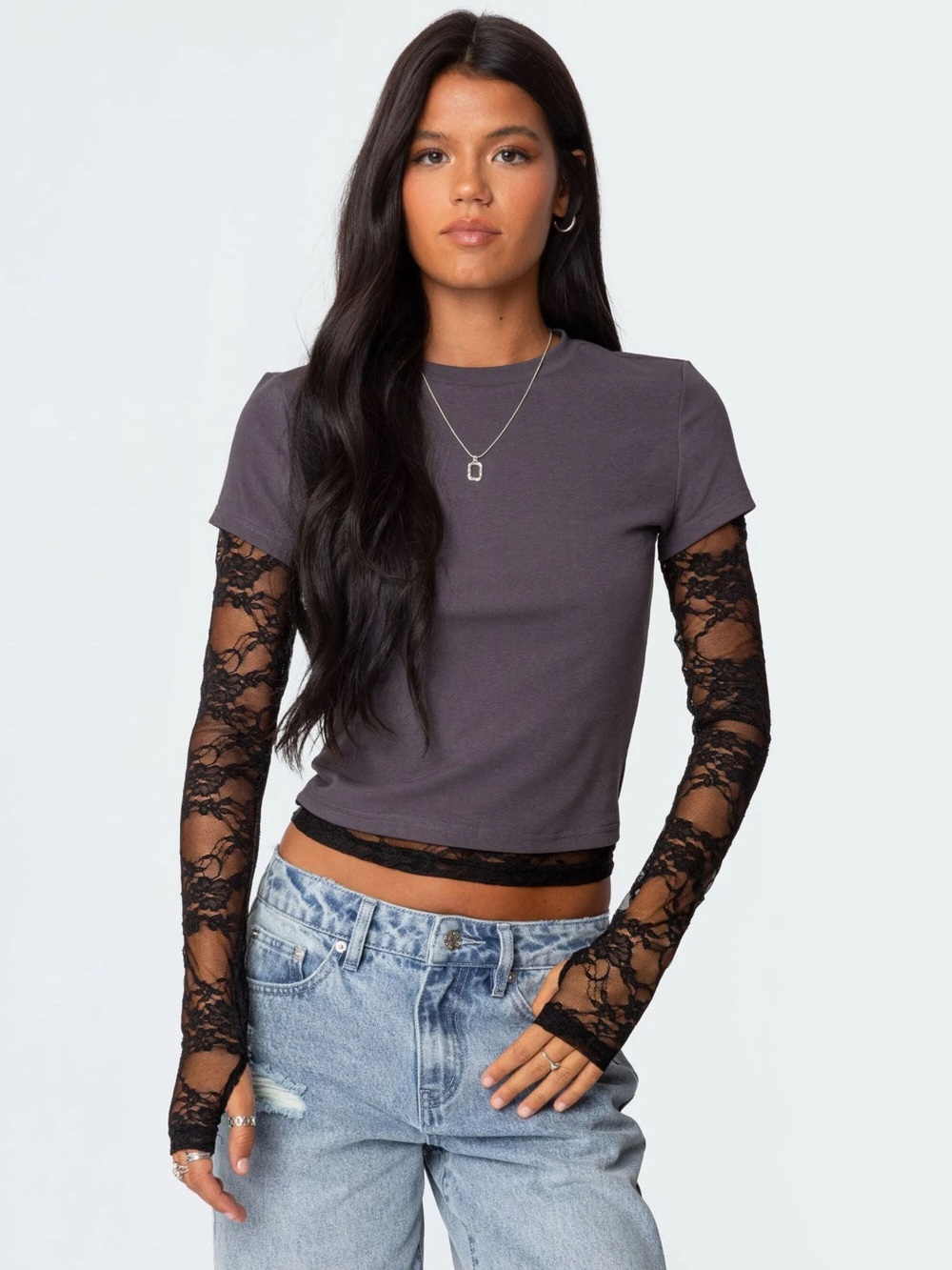 Edikted Layered Lace Sleeve T-Shirt in Gray